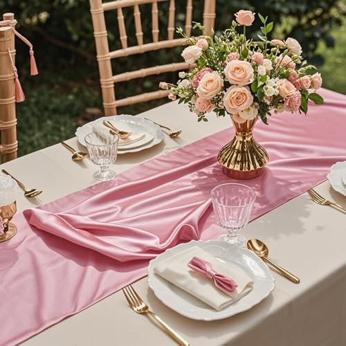 10 Pack Satin Pink Table Runners, 12 x 108 Inch Long Pink Table Runner for Party Wedding Birthday Banquet Decor, Table Runners for Round Tables by Gankar - Used condition - Image 3