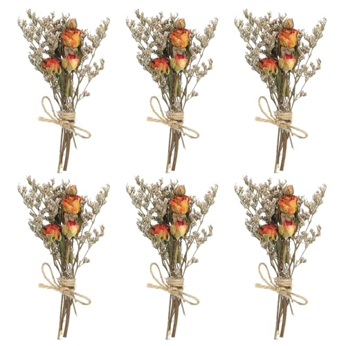 PATIKIL Mini Ramo de Flores Secas, 6 Pzas Rosa Natural Flor Silvestre con Tallo Decoración Gypsophila Boho Planta Floral para Manualidades DIY Accesorios de Foto Regalo Boda, Naranja