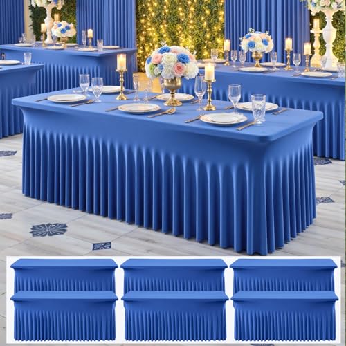 Image of NSSONBEN 6 pk Royal Blue Spandex Tablecloths 6ft, Wrinkle Free High Stretch Fitted Table Cloths for 6 Foot Rectangle Tables, Ruffle Skirt Spandex Table Covers 6ft for Party Wedding Banquet