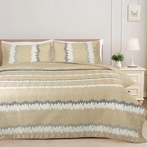 Image of Amazon Brand - Umi 100% Cotton Quilted /Ultrasonic 280 Tc Printed King Size Bed Cover /Bedsheet /Bedspread Comforter with 2 Pillow Shams /Cover, (Luxurious, 90 x100 inches, Beige & White)