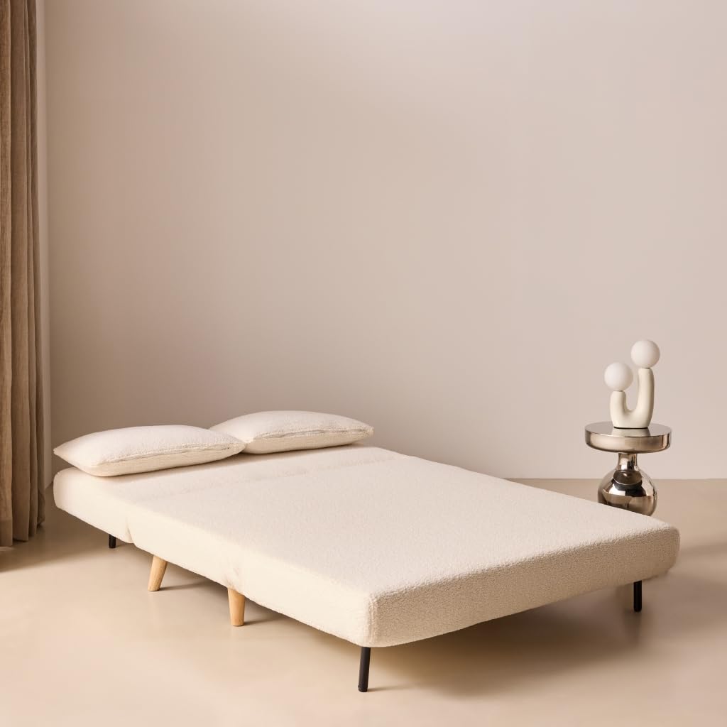 sweeek Divano letto in tessuto bouclé, 2 posti Crema - 120x89x80 cm