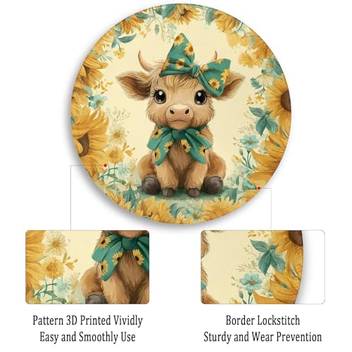 Image of Gctriki Highland Cow Mouse Pad for Desk, Funny Round Mousepad for Laptop Gaming Stitched Edge Non-Slip Rubber Base, Cute Sunflower Bow Highland Cow Decor Gifts Office Desk Accessories for Women