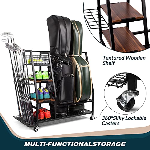 Sttoraboks 2 Golf Bags Storage Garage Organizer, Golf Bag Rack Fits 2 Golf Bags And Golf Equipment Accessories, Golf Club Storage Stand With Wooden Shelf And Lockable Wheels For Garage Indoor Basement #TOP1