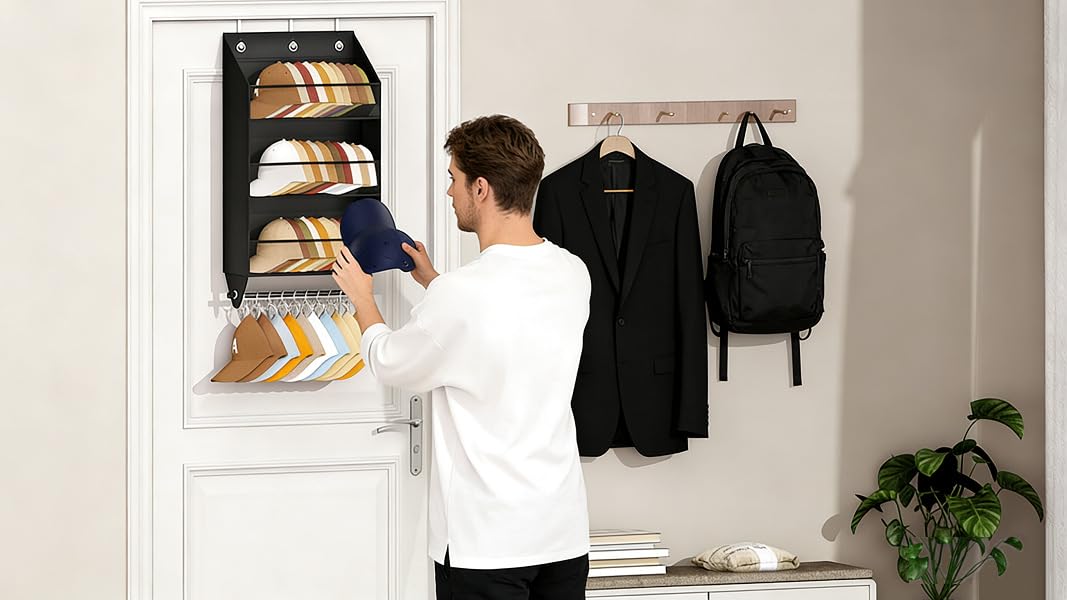 Organizador de sombreros sobre la puerta con 10 clips, bolsa de almacenamiento de gorras de béisbol no tejida de 3 niveles, soporte para sombreros múltiples para colgar en el armario, dormitorio