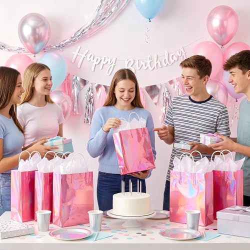 Image of BLEWINDZ 32Pcs Small Paper Gift Bags with Tissues, Iridescent Party Favor Bags with Handles, Holographic Pink Gift Bag for Wedding Baby Shower Birthday Party Supplies