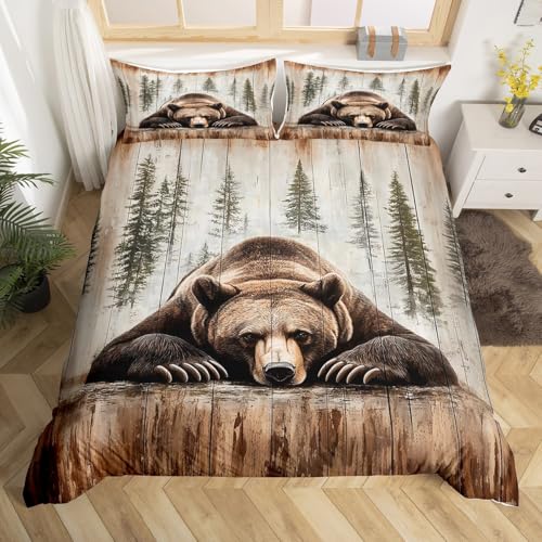 jejeloiu Cute Bear Comforter Cover Set Toddler Size Wild Animal Bedding Set Children Rustic Cabin Country Nature Wildlife Bear Bedding Duvet Cover Set Wood Grain Bedspread Cover 2Pcs,No Comforter