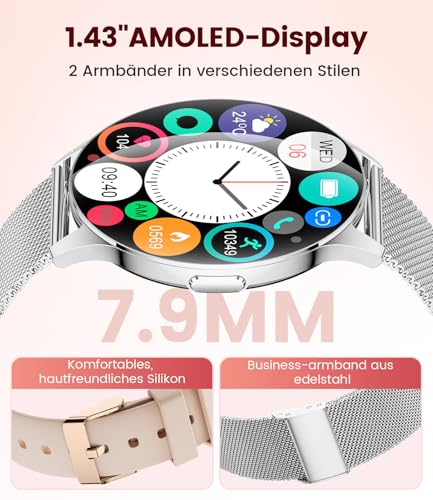 ESFOE Damen Smartwatch Ultradünn,1.43" AMOLED Smart Watch mit Bluetooth Anrufe,Uhr Damen Herren mit 120 Sportmodi Pulsuhr Schlafmonitor… – Ansicht 2