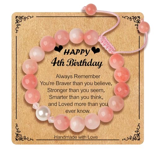 4 Year Old Girl Gifts,Pink Stone Bracelet as Birthday Gifts for 4 Year Old Girls Granddaughter Daughter Niece,4th Birthday Gifts for Girls Adjustable Length Pearl Bracelet for Four Year Old Girl