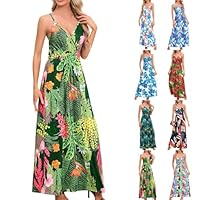 Générique Robe Longue Femme Ete Boheme Chic Robe de Plage Bohémien Bretelles Spaghetti Sexy Col en V Dos Nu Robes Bretelles Fines Trapeze Legere Fluide, Vert Kaki, S