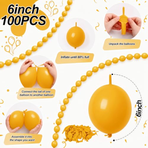 Image of Mustard Yellow Linking Balloons, 100PCS 6'' Dark Yellow Quick Link Balloons | Tail Balloons for Balloon Garland Arch, Fall Thanksgiving Harvest Sunflower Birthday Baby Shower Wedding Party Decorations