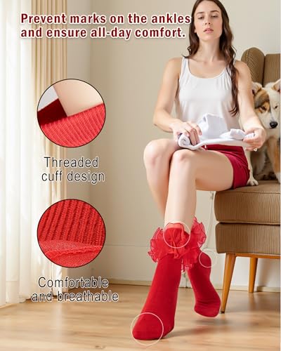 NiceBaby Women's Big Ruffle Socks Double Lace with Bows (Size 5-11, 3 Pairs)4