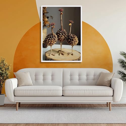 Oiseau et pomme de pin : triptyque mural abstrait pour un intérieur cocooning - 2