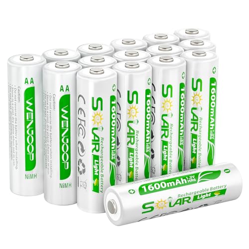 WENJOOP 16 Pack AA Rechargeable Batteries for Solar Lights, NiMH 1.2V 1600mAh Precharged Low Self-Discharge, Replacement Batteries for Outdoor Garden Pathway Deck Fence String Lights