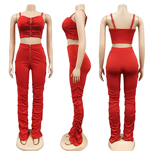 Image of Jigfar Womens Sexy 2 Piece Outfit Spaghetti Straps Crop Top Jumpsuit Party Clubwear(F5215,Red,XL)