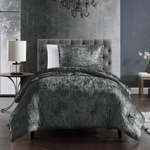 Riverbrook Home Turin Crinkle Velvet Comforter Bedding Set, Twin Size, Glam Textured Décor, Charcoal, 2 Pieces