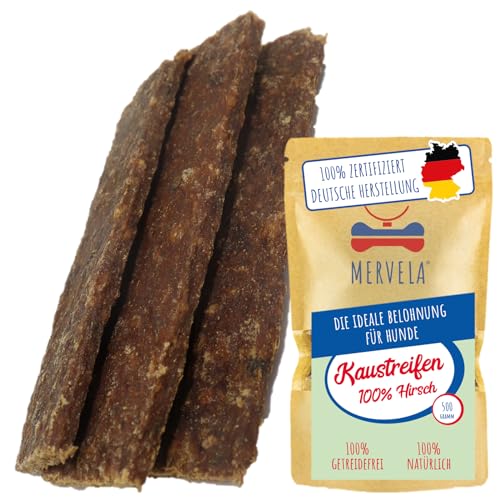 MERVELA® Hirsch Fleischstreifen | 500 Gramm [Qualität aus Deutschland] für Allergiker Hunde | Belohnung | Trainingssnack | getreidefrei | Hundesnack
