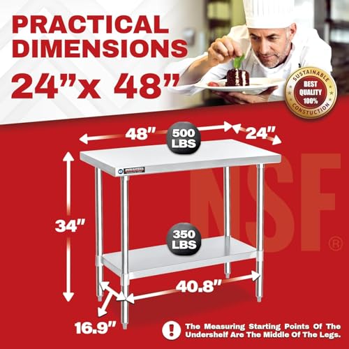 Image of DuraSteel 24x48 Stainless Steel Work Table - NSF Commercial Prep Metal Table - Outdoor Pizza Oven Stand w /Under Shelf - Kitchen Island Laundry Utility Garage Microwave Stand Large Rolling Storage Cart
