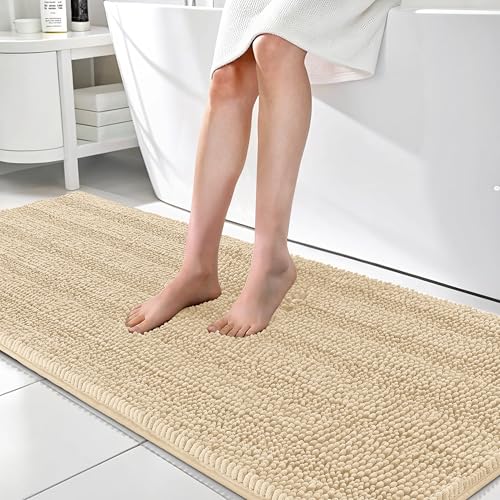 Image of OLANLY Thick Bathroom Runner Rugs 70x24, Absorbent Chenille Striped Bath Rugs, Rubber Backing, Machine Wash Dry, Extra Long Bath Mats for Bathroom Floor, Tub and Shower, Home Decor Accessories, Beige