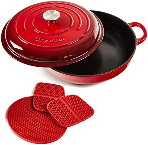 Uno Casa Braiser Enameled Cast Iron Casserole Dish - 3.7 Quart Cast Iron Enameled Cookware, Cast Iron Braiser Pan with Lid, dutch oven pot with lid cast iron, Enameled Cast Iron Skillet with Lid