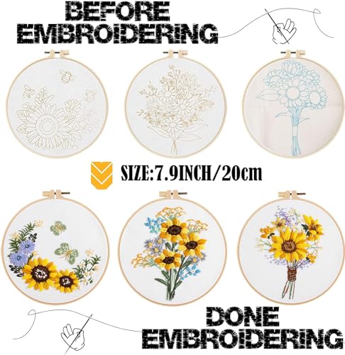 Image of GLTAYLMY 3 Sets Embroidery Starter Kit with Pattern and Instructions, Cross Stitch Set, Stamped Embroidery Kits with 3 Embroidery Clothes with Pattern, 1 Embroidery Hoop(Sunflower)