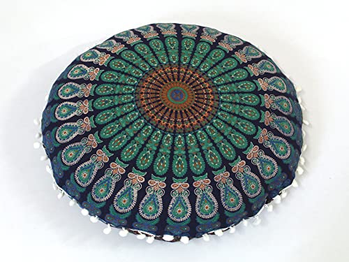 CRAFT KALA 22 Inch Meditation Floor Pillows Round Pillow Seating Hippie Decorative Adults Bohemian Mandala Circle Floor Cushion Outdoor Yoga Living Room Throw Ottoman Poufs Cover (Blue Mirchi) - Image 4