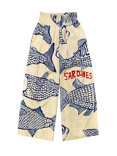 WDIRARA Women's Fish Print Palazzo Pants Smocked High Waist Wide Leg Loose Pants