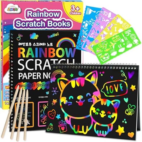ZMLM Scratch Paper Art-Crafts Gift: 2 Pack Rainbow Notebooks Supplies Toys for 3 4 5 6 7 8 9 10 Years Old Girls and Boys Kids Valentines Day Gifts Birthday Party Games Easter Basket Stuffers (Pink) Cover