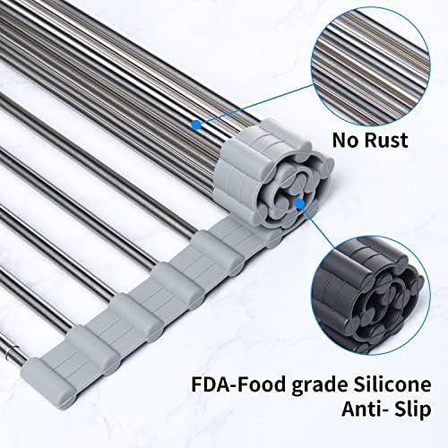 AIRUJIA Dish Drying Rack Roll-Up, Expandable Over Sink Dish Rack, Foldable Multi-Use Dish Drainers, Draining mat with Non-Slip Silicone and Stainless Steel, Heat Resistant, 13inchx20inch Grey