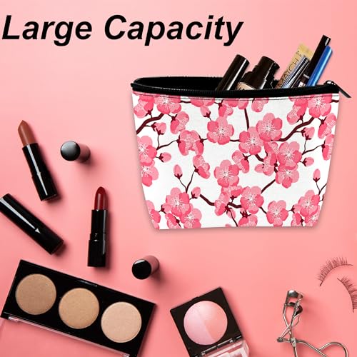 Cherry Blossom Makeup Bag for Purse, Waterproof Funny Japanese Pink Sakura Cosmetic Bag for Women, Zipper Travel Pouch Gift 9.5×5.9 Inch2