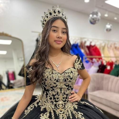 Mauuwy Gold Lace Quinceanera Dresses Glitter Off Shoulder XV Dresses Tulle Puffy Sweet 16 Dresses Ball Gown with Train4