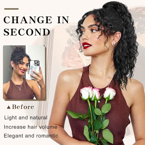 Shnmin Ponytail Extension,Curly Drawstring Ponytail Extension For Black Women Natural Black Curly Clip In Hair Extensions 18 Inch Synthetic Hairpiece For Daily Party thumb #3