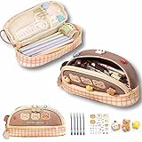 ORTROLA Double Layer Stationery Organizer Box Cute Bear Big Size Pencil Case with Compartment Office Supply Organizer Stationery Box Best Birthday Present (Brown Bear)