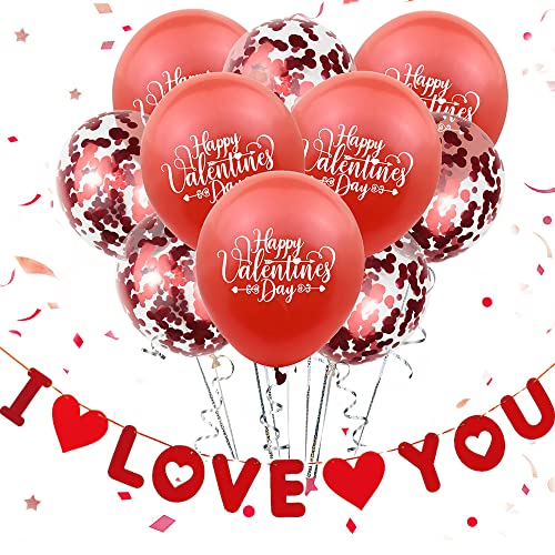 10 balões vermelhos, 1 faixa 'I Love You', decoração do dia da mãe, 5 balões de látex e 5 balões de confetes com uma fita vermelha para o dia dos namorados, aniversário, festa de casamento
