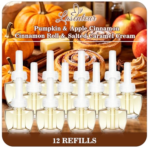 Plug In Air Freshener Refills Pumpkin Apple Cinnamon Cinnamon Roll & Salted Caramel Cream Summer Scents for Home 12 Pack 7.92 FLOZ Compatible with Air Wick & Glade