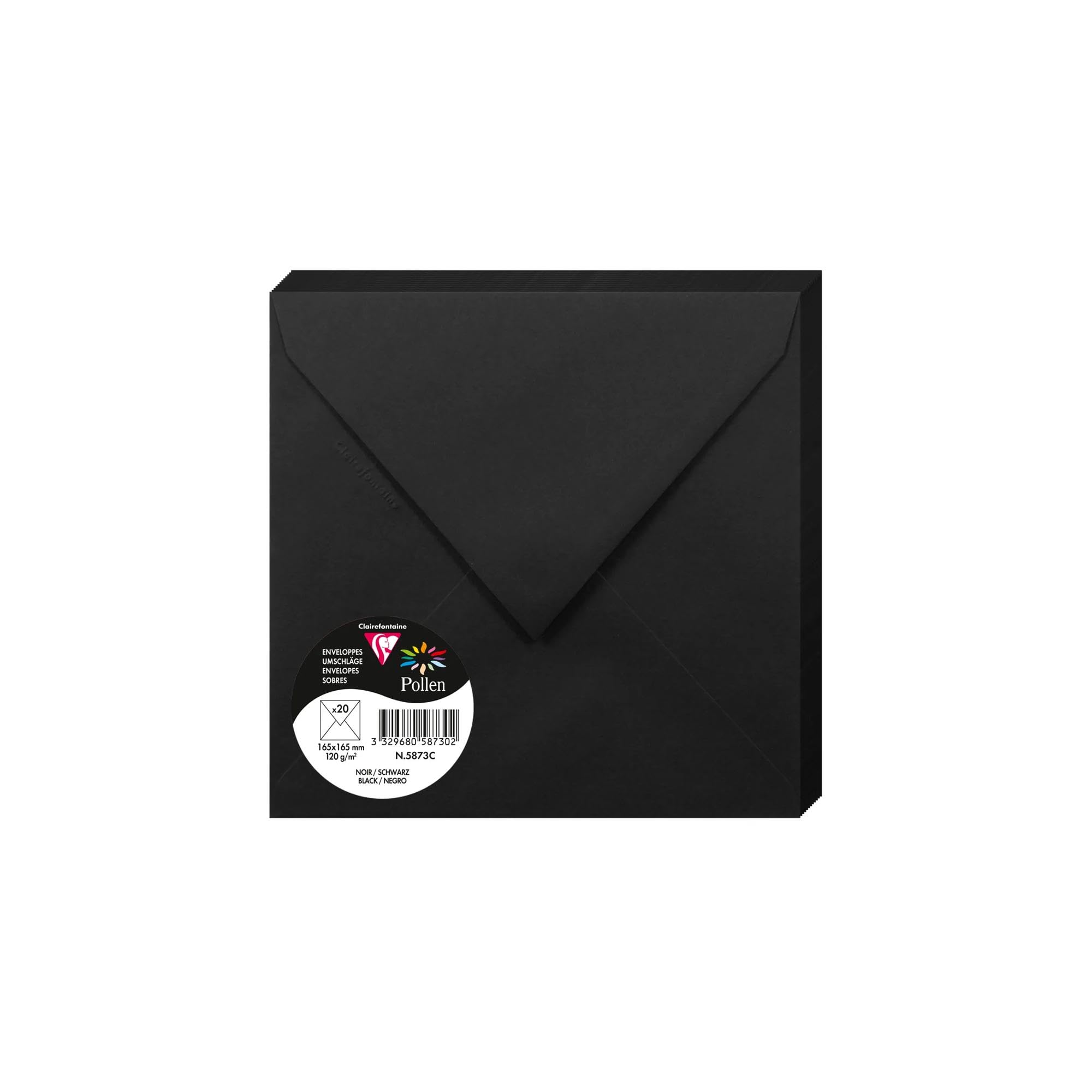 Clairefontaine 5873C Pack of 20 Gummed Envelopes Square Format 16.5x16.5cm 120g/m² Black Invitation Events Correspondence Pollen Range - Premium Smooth Paper