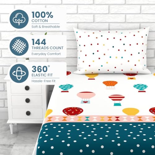 Image of LORETO - A QUALITY LINEN BRAND 144 TC 100% Pure Cotton Single Fitted Bedsheet with 1 Pillow Cover for 72 x 36 Inch Mattress, All-Around Elastic, 8 Inch Deep Pocket, Blue & Red Balloon