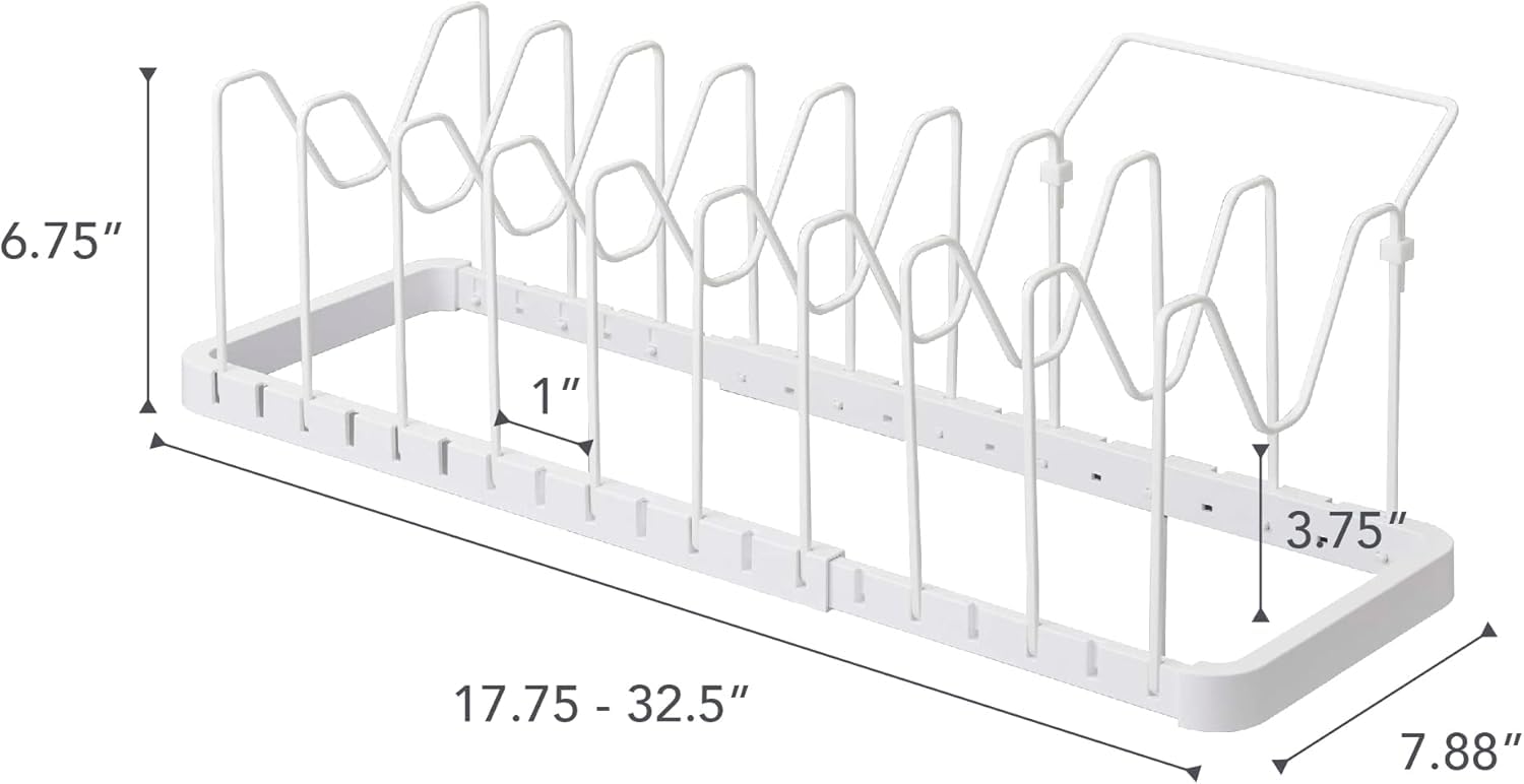 LONGRUI Expandable Pan Organizer Rack, 17.75-32.5 inch, White, 10 Dividers for Pots Lids Cookware Storage