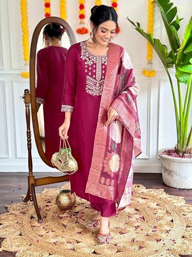 Image of Shiv Textiles Women's Chanderi Silk Embroidered Kurta Pant Dupatta Set(JDA-SACHI-WINE-2XL)
