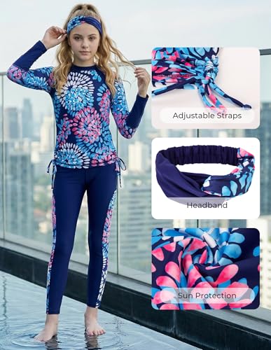 Image of GRACE KARIN Girls Long Sleeve Swimsuit Two Piece Rashguard Floral Swimwear 6-14Y