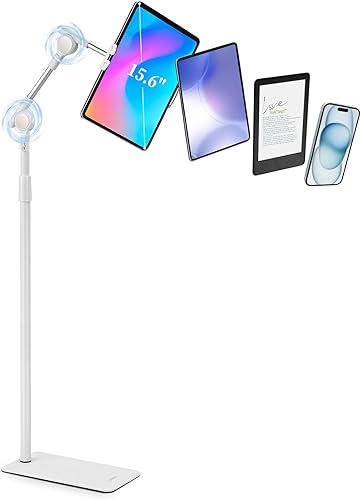 Miniatura 1 de SHUWEI Soporte de suelo para tableta con engranajes helicoidales de doble autobloqueo, soporte de piso para iPad de 70.9 pulgadas de altura