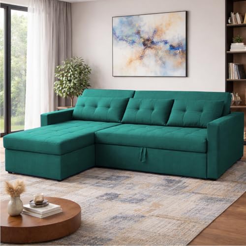 Image of Emilio 4 Seater LHS L - Shape Pull-Out Sofa Cum Bed Sofa for Living Room (Pine Fabric Color) Premium Fabric Sofa Set for Living Room Sofa Cum Bed