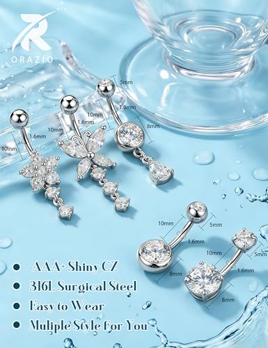 ORAZIO 5 Stück Bauchnabelpiercing Chirurgenstahl Silber Damen Schmetterling Flowers Zirkon 10MM Bauchnabelpiercing Set Piercing Bauchnabel Damen