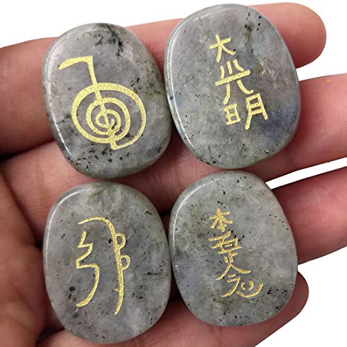 Loveliome Moonstone Reiki Symbol Engraved Healing Crystal Stones Set of 4 | Gold Carved Chakra Palm Stones for Meditation Energy Gift, 25mm