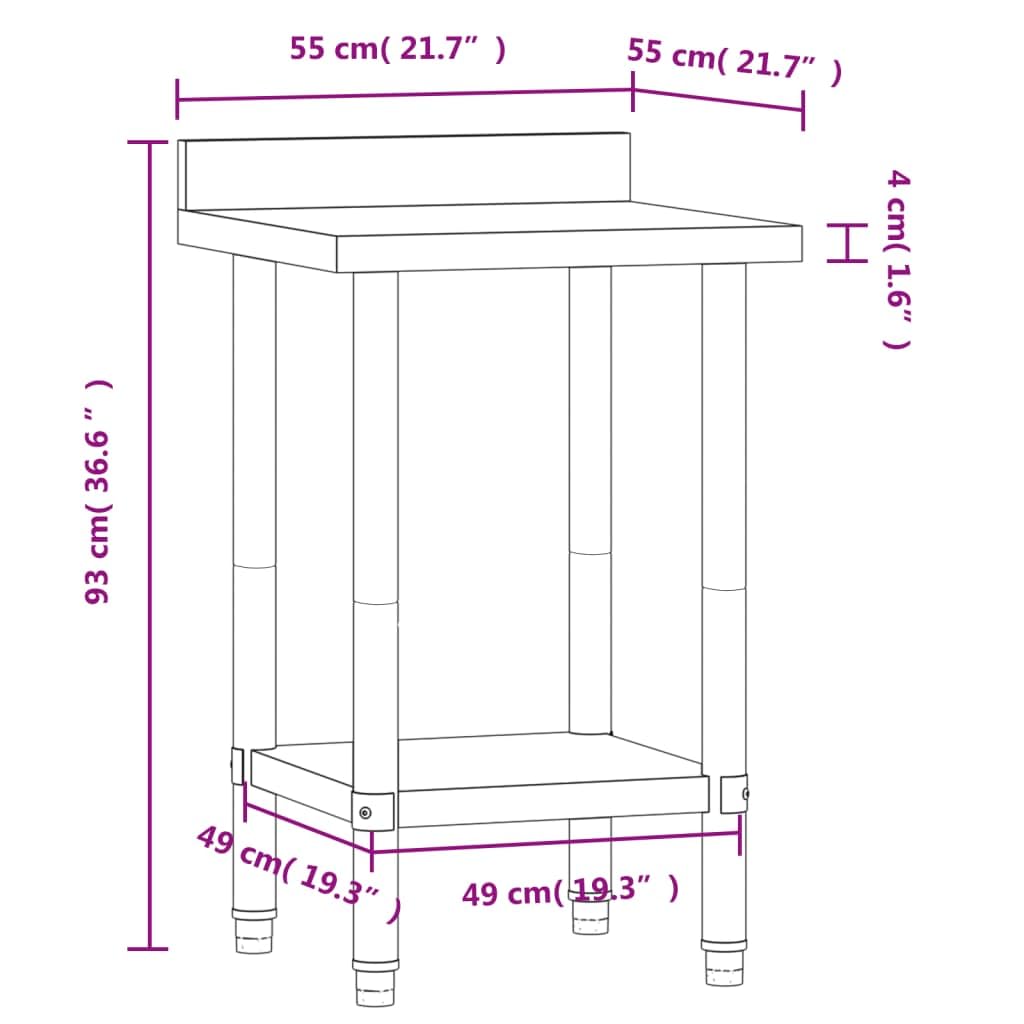 Mesa de trabajo cocina acero inoxidable 55x55x93 cm con estante y respaldo