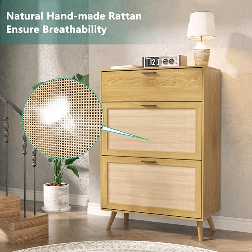TOLEAD Rattan Shoe Storage Cabinet, Freestanding Shoe Rack Cabinet with 2 Flip Drawers & Wood Legs, Slim Shoe Organizer Cabinet for Entryway - Thumbnail 6