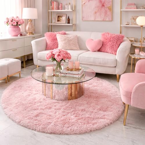 Image of Amdrebio Pink Circle Round Fluffy Area Rug 4Ft for Girls Bedroom Kids Room