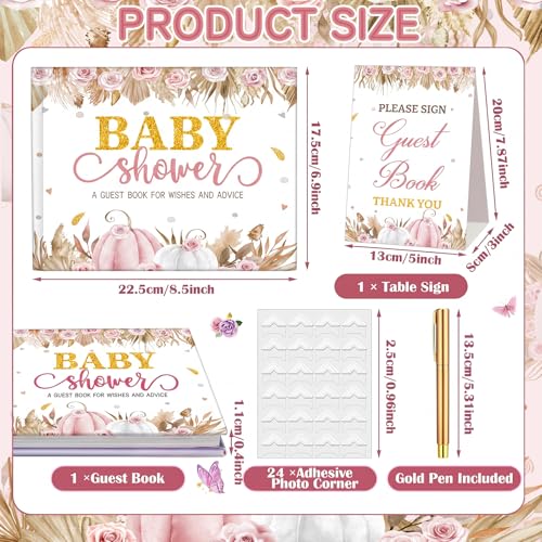 Image of Fuyoooo 27 Pcs Boho Little Pumpkin Baby Shower Guest Book Set Baby Shower Sign in Guest Pink Pumpkin Book Place Table Cards with Gold Pen Adhesive Photo Corner for Birthday Party