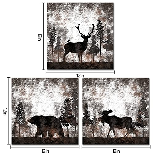 Homeoart Bear Elk Moose Canvas Wall Art Animal In Forest Rustic Decor Picture Framed Canvas Print Farmhouse Cabin Lodge Home Wall Decor 12"X12"X3 Pieces #TOP4