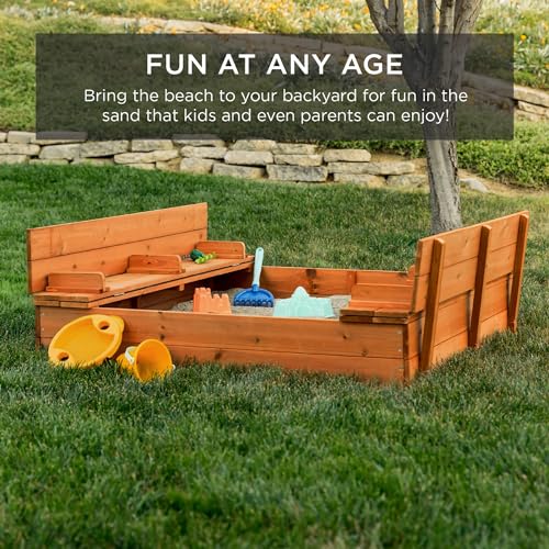 Image of Best Choice Products Large Outdoor Wooden Sand Box for Kids, Sandbox with Cover, Bench Seats Support up to 220 lbs, Bottom Liner for Drainage, Cedar Wood - Brown