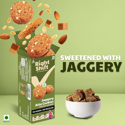 Image of Right Shift Jaggery Atta Cookies, 3 x120g| No Palm oil, Made with Butter | 0% Maida, Refined Sugar| With Goodness of 6 Nuts & Seeds| Anytime Snack